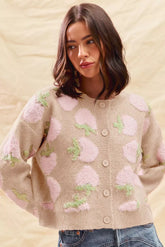 Strawberry Fruit All Over Button Sweater Cardigan So Me OATMEAL S